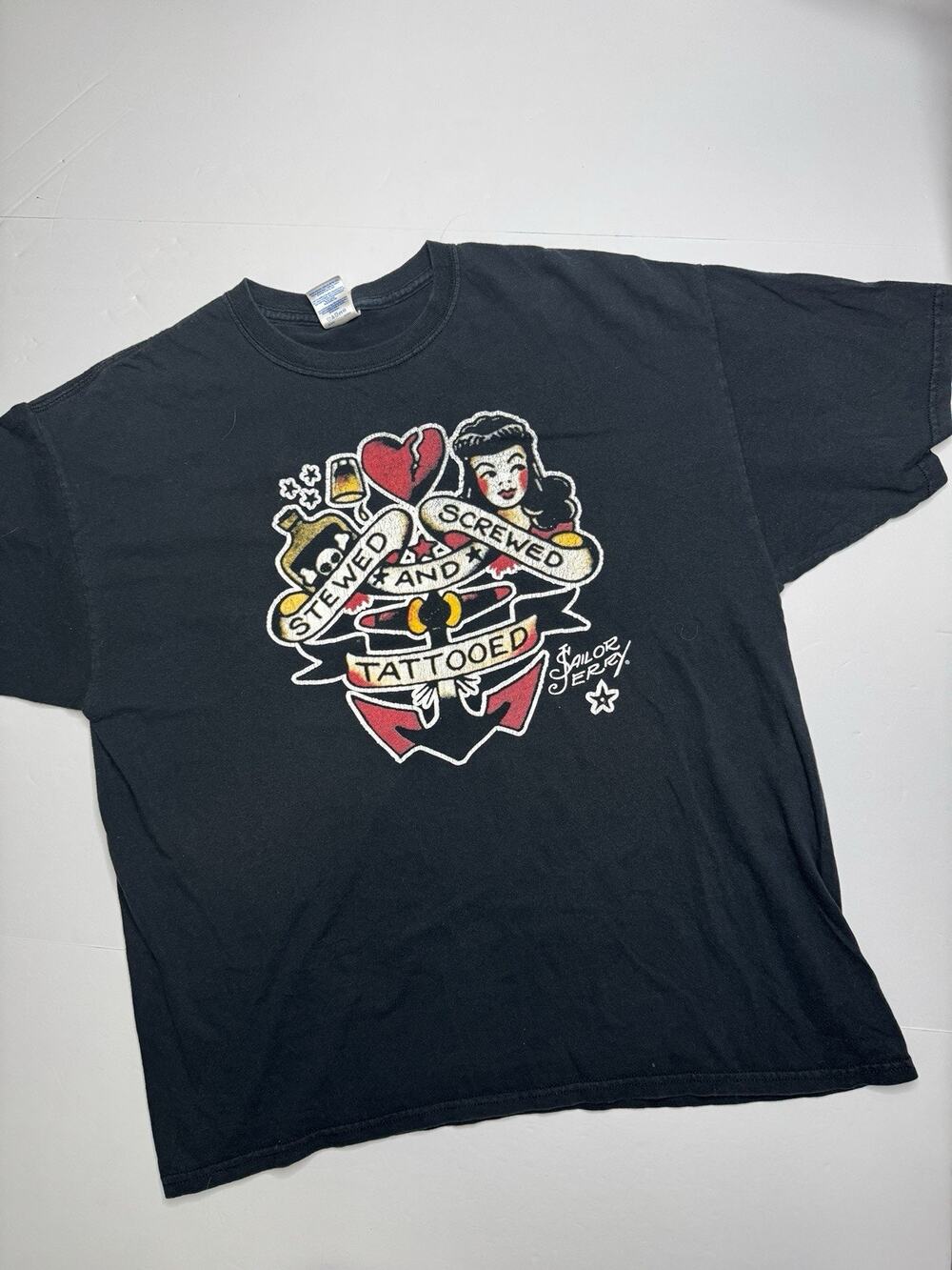 Sailor Jerry Stewed Screwed Tattooed T Shirt Mens XL Gildan Tattoo Graphic Tee